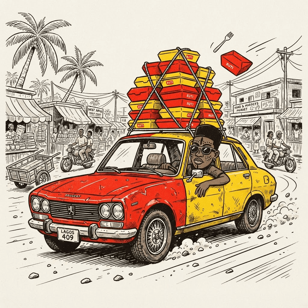 Illustration KUTI : la panthère mascotte au volant d'une vieille voiture africaine livrant des plateaux repas KUTI